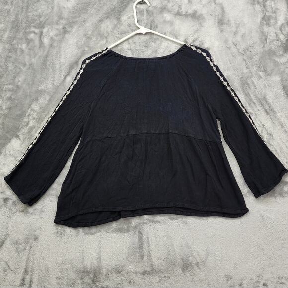 Kismet Top Womens M Black Cream Embroidered Crinkle Gauze Rayon Long Sleeve Boho - Picture 3 of 8